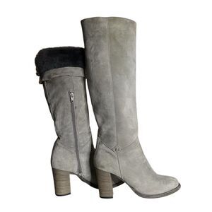 ROSS & SNOW Knee High Suede Boots Taupe Grey Shearling Lining Block Heel Size 8